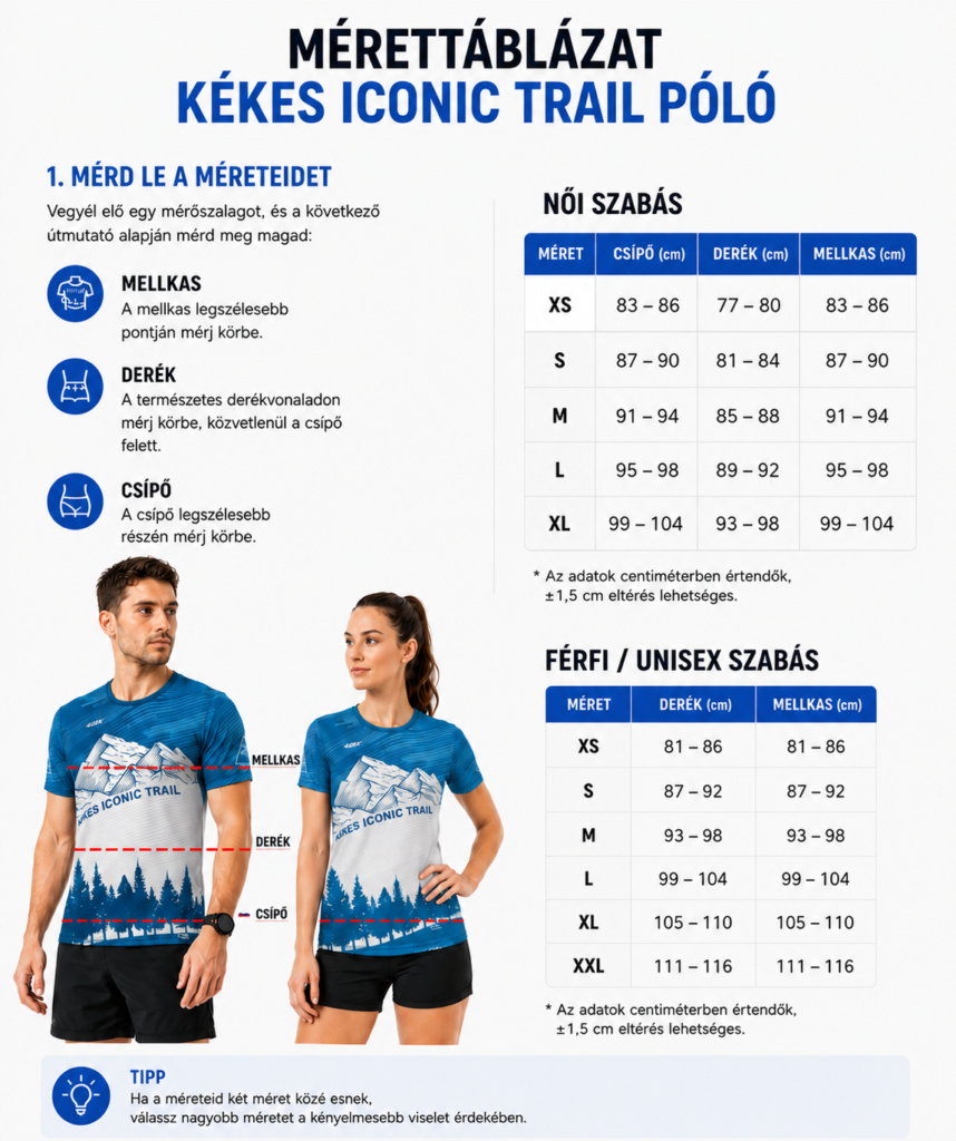 Kékes Iconic Trail technikai póló mérettáblázat